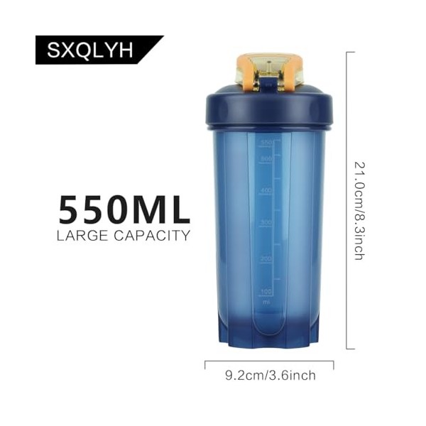 SXQLYH Shaker Proteine,550 ml, sans BPA,Gourde shaker à protéines Mélangeur de Smoothies,Shaker avec Acier Inoxydable Boules 