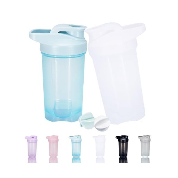 GAISHION Lot de 2 bouteilles shaker protéinées et shaker de 500 ml avec boules de fouet métalliques, sans plastique BPA bleu