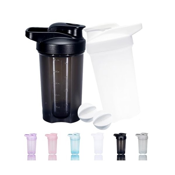 GAISHION Lot de 2 bouteilles shaker protéinées et shaker de 500 ml avec boules de fouet métalliques, sans plastique BPA bleu