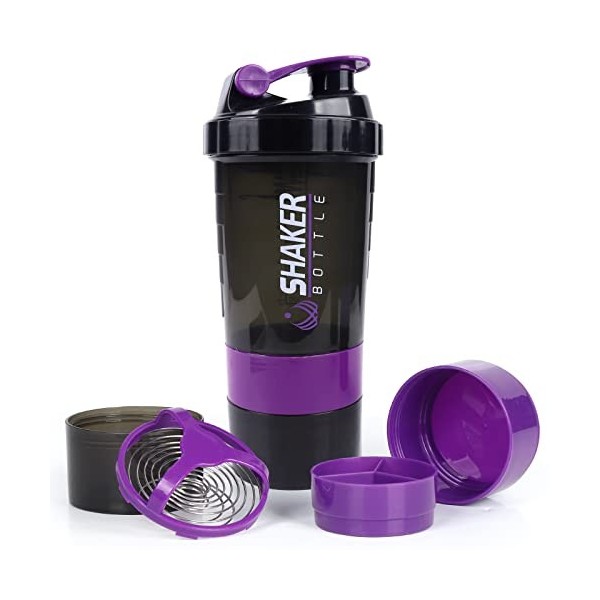 XSUPER Bouteille shaker de protéines de 473,6 g à 3 couches avec rangement de pilules et de suppléments, bouteille deau pour