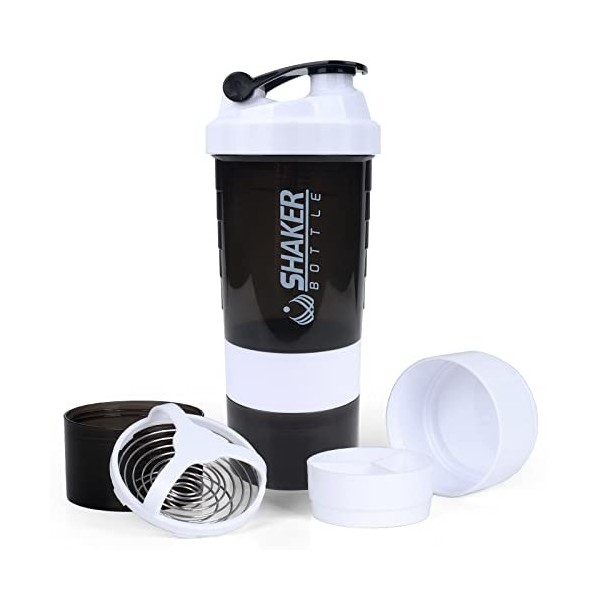 XSUPER Bouteille shaker de protéines de 473,6 g à 3 couches avec rangement de pilules et de suppléments, bouteille deau pour