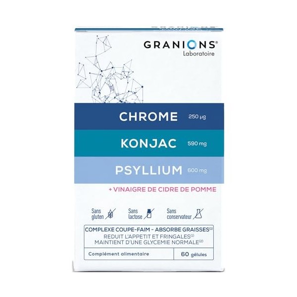 Coupe faim GRANIONS | Complexe puissant : Konjac, Chrome et Psyllium | Digestion vinaigre de cidre de pomme | Réduit lappéti