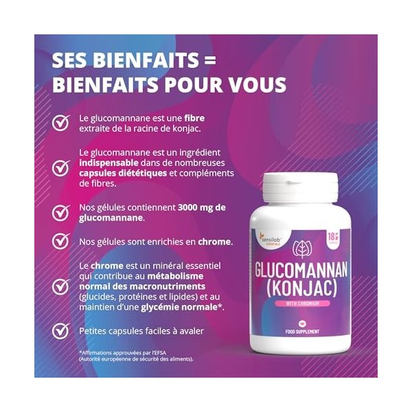 Gélules de glucomannane konjac 3000 mg hautement dosées avec du chrome - Végétaliennes, sans additifs, sans allergènes, san