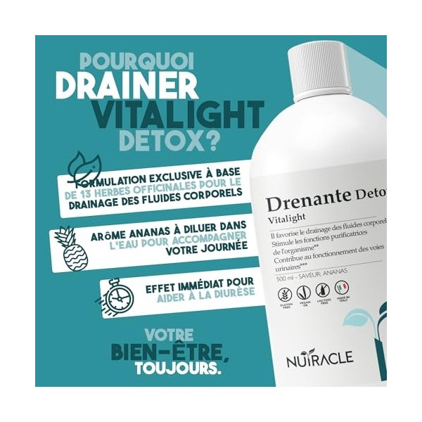 Vitalight Detox 500ml - Diurétique et Draineur - 13 Extraits purs de Plantes - Effet Ventre Plat - Avec Bouleau, Raisin dour