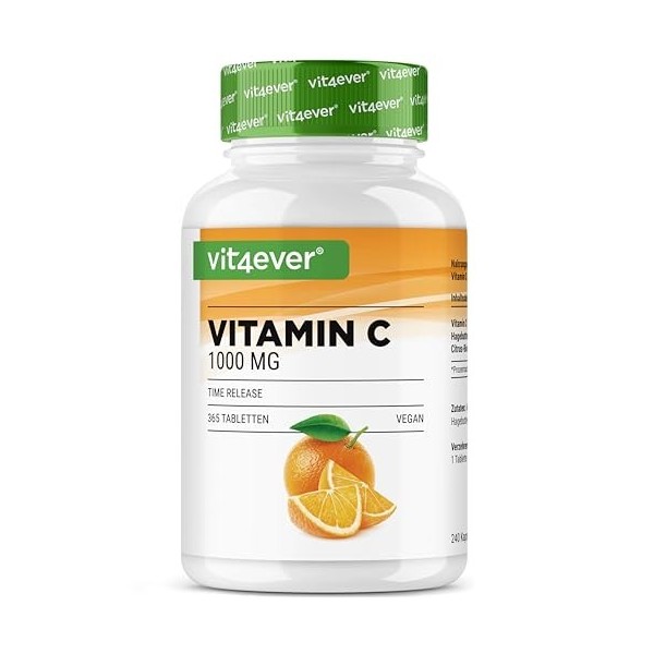 Vitamine C 1000mg - 365 comprimés par an - Effet à libération prolongée - Testé en laboratoire - Vitamine C + Extrait déglan