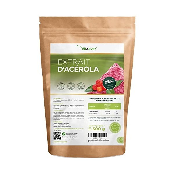 Poudre dacérola - 300 g approvisionnement de 6,6 mois - Vitamine C naturelle - 200 portions quotidiennes avec 1500 mg dex