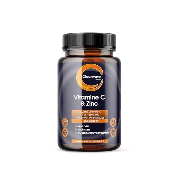 Vitamine C + Zinc - 180 Capsules 6 mois - 1200mg de Vitamine C et 25mg de Zinc - Testé et Certifié - Haute Dose par Clearwa