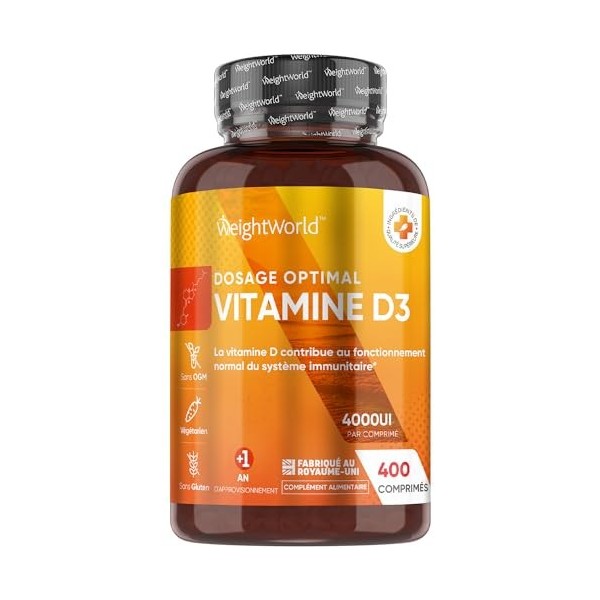 Vitamine D3 4000 ui Cholécalciférol Extra Fort - 400 Micro Comprimés Végétariens, Haute Absorption, Plus dUn An,1 Comprimé T