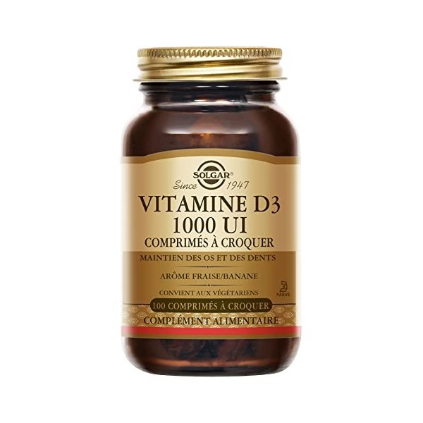 Solgar Vitamine D3 1000 UI à croquer - Défenses immunitaires - Goût fraise/banane - Os/Cartilages - Complément Alimentaire - 