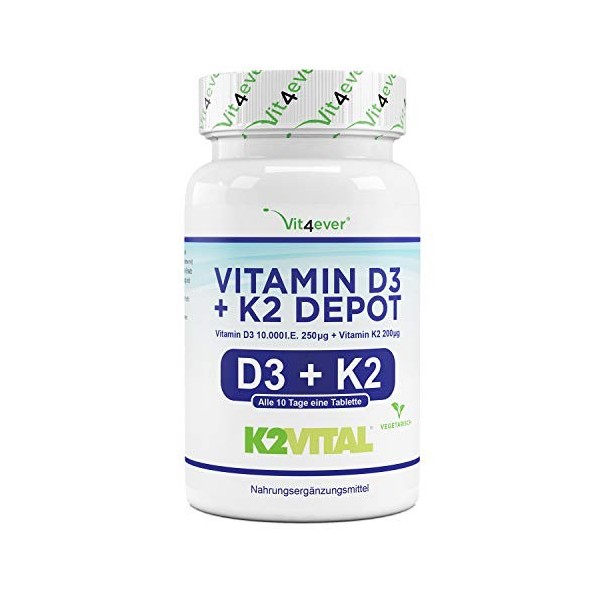 Vitamine D3 10.000 I.E + Vitamine K2 200 mcg Menaquinon MK7 Depot - 180 Comprimés - 99,7+% All-Trans K2VITAL® by Kappa - Vé