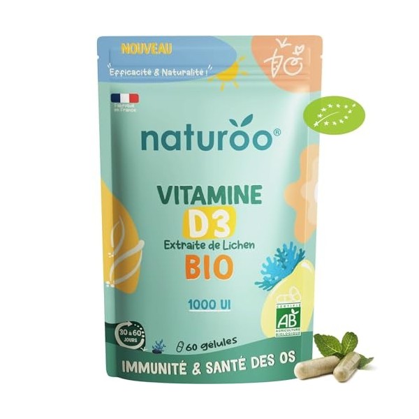 Vitamine D Bio Naturelle et Végétale, D3 à base de Lichen | 1000 UI 500% des AJR | 60 gélules 1 à 2 mois | Premium & Vega