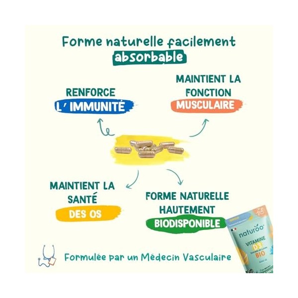 Vitamine D Bio Naturelle et Végétale, D3 à base de Lichen | 1000 UI 500% des AJR | 60 gélules 1 à 2 mois | Premium & Vega