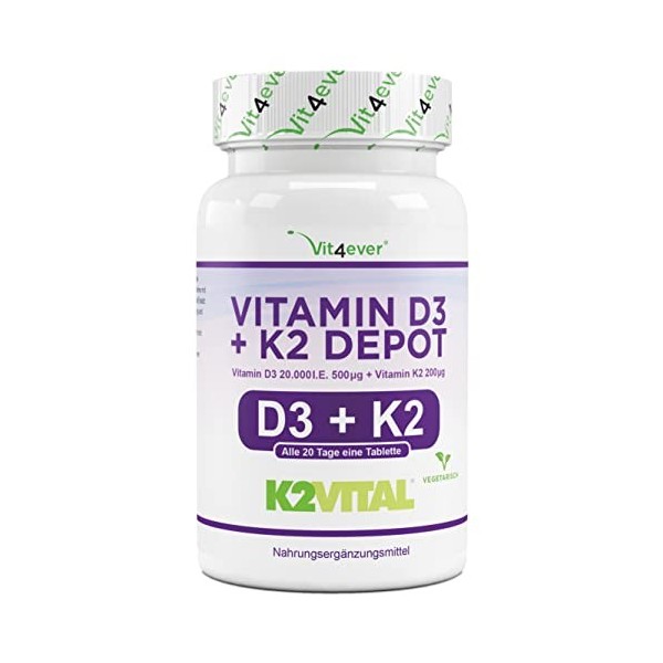 Vitamine D3 20,000 I.U + Vitamine K2 200 mcg Menaquinone MK7 Depot - 180 Comprimés - 99.7+% All-Trans K2VITAL® by Kappa - V