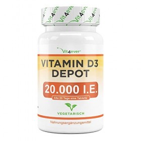Vitamine D3 20.000 I.E. Depot - 240 Comprimés - Haute Dose - Végétarien - Haute Pureté - 20 Dose Journalière 1000 I.E. par Jo