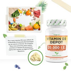 Vitamine D3 20.000 I.E. Depot - 240 Comprimés - Haute Dose - Végétarien - Haute Pureté - 20 Dose Journalière 1000 I.E. par Jo