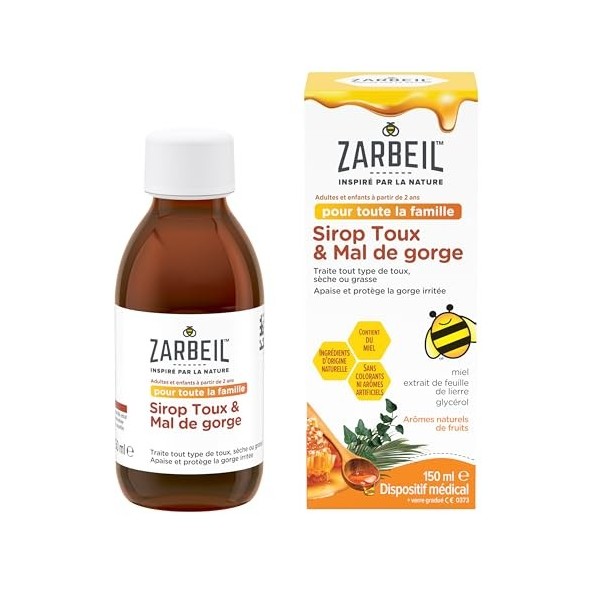 Zarbeil Sirop contre la toux & le mal de gorge, Glycérol et Extrait de feuille de Lierre, pour toute la famille, 150ml