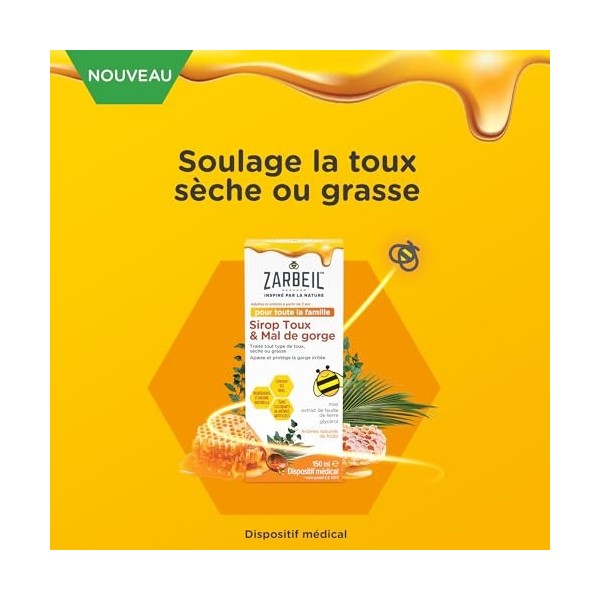 Zarbeil Sirop contre la toux & le mal de gorge, Glycérol et Extrait de feuille de Lierre, pour toute la famille, 150ml