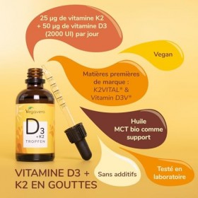 Vitamine D3 K2 Gouttes Vegavero® | VEGAN | 2000 UI Vitamine D3 + 25 µg Vitamine K2-MK7 | Haute Biodisponibilité et Dosage | I