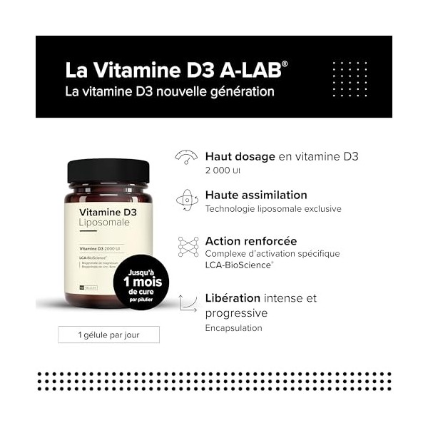 A-LAB Vitamine D3 Liposomale 2000 UI - Assimilation Renforcée - Complément Alimentaire Défenses Naturelles, Immunité, Muscula