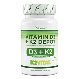 Vitamine D3 + K2 Depot - 180 comprimés avec 5000 E.I. + Vitamine K2 200 mcg par UN comprimé - 99,7+% All-Trans K2VITAL® by K