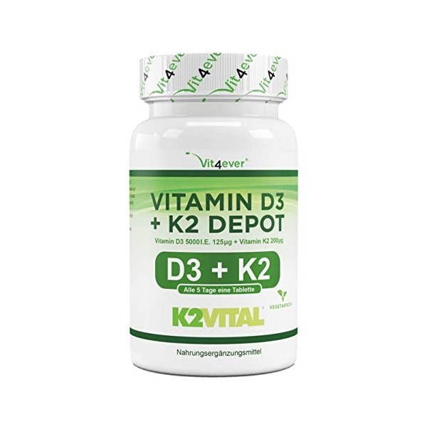 Vitamine D3 + K2 Depot - 180 comprimés avec 5000 E.I. + Vitamine K2 200 mcg par UN comprimé - 99,7+% All-Trans K2VITAL® by K