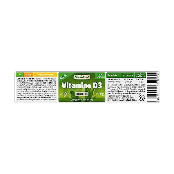 Greenfood Vitamine D3, 10.000 UI, dose élevée, dépôt, 180 comprimés, végan. Contribue à renforcer les os, les dents et le sys