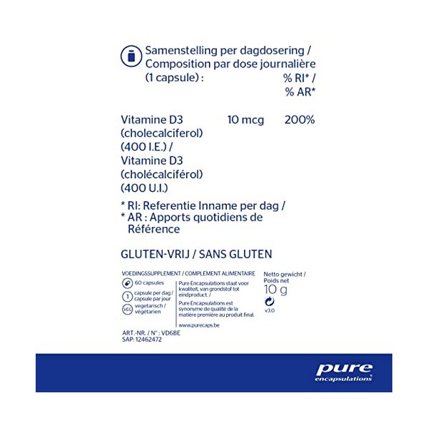 Pure Encapsulations Vitamine - D3 400 IE - Essentieel voor het Botmetabolisme, Immuunsysteem, het Calciummetabolisme en de We