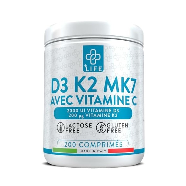 Vitamine D3 K2 Mk7 Avec Vitamine C 200 Comprimés Piulife® Vitamine D 2000 UI, Vitamine K2 200mcg, Vit C 125mg, Vitamines Pour