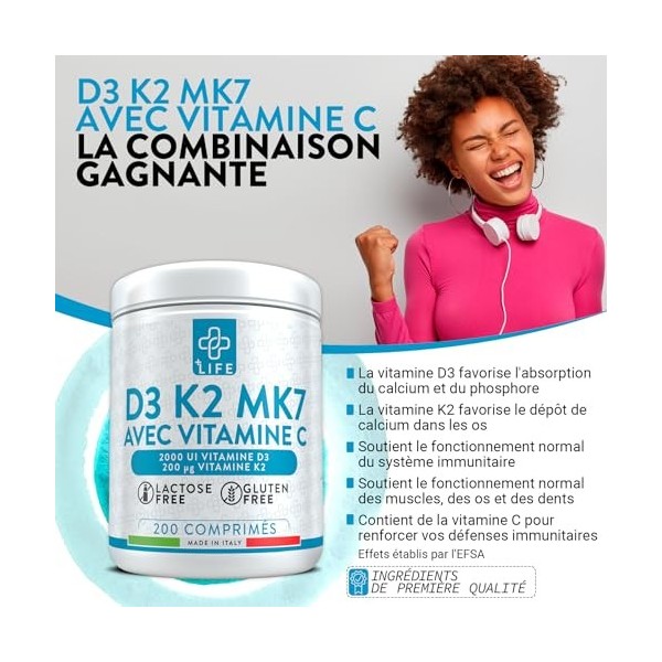 Vitamine D3 K2 Mk7 Avec Vitamine C 200 Comprimés Piulife® Vitamine D 2000 UI, Vitamine K2 200mcg, Vit C 125mg, Vitamines Pour