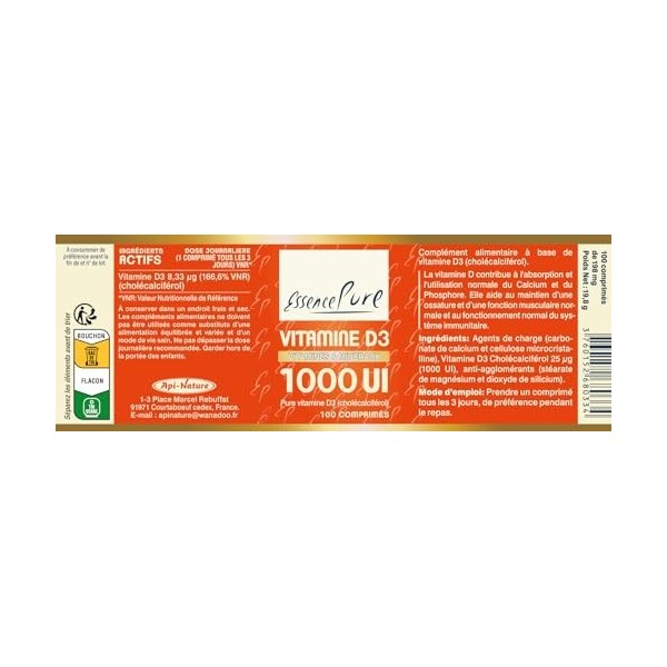 Vitamine D3 1000 UI Essence Pur | Vitamine D sous Forme Active Cholécalciférol - Soutien au maintien des os, des muscles et d