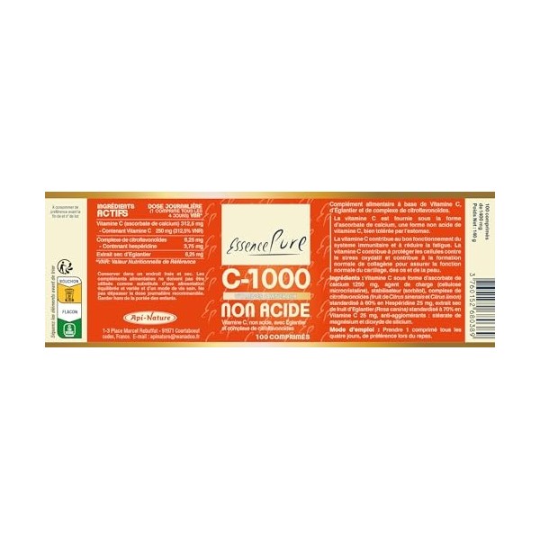 Vitamine C-1000 Non Acide Essence Pure | Soutien Immunitaire, Formation Collagène, Anti-Stress Oxydatif, Réduit Fatigue | 100