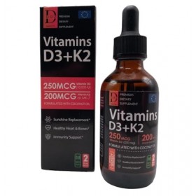 Vitamine D3 + K2 gouttes DOZ 60 ml - Formule à haute dose - 250 mcg Vitamine D3 et 200 mcg Vitamine K2 - Totalement végétalie