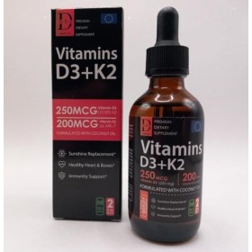 Vitamine D3 + K2 gouttes DOZ 60 ml - Formule à haute dose - 250 mcg Vitamine D3 et 200 mcg Vitamine K2 - Totalement végétalie