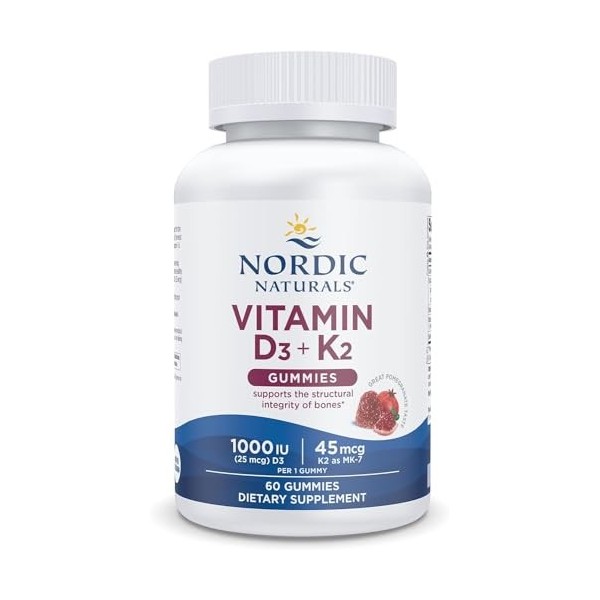 Nordics Vitamine D3 + K2 Gummies, Grenade – 60 bonbons gélifiés – 1000 UI de vitamine D3 + 45 mcg de vitamine K2 – Bon goût 