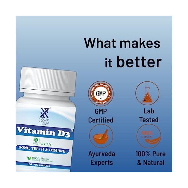 Vitamin D3 Capsules | Ayurvedic, Improve Bone & Teeth Health, Immune System, Muscle Strength & Immunity | Xovak Pharmtech