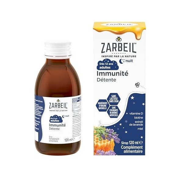 Zarbeil Sirop Immunité Adultes Nuit, Lavande et Vitamines, pour aider à la relaxation et renforcer limmunité, à partir de 12