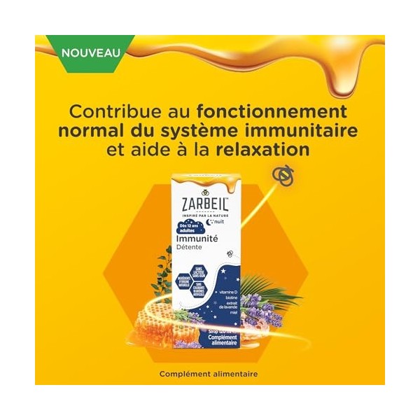 Zarbeil Sirop Immunité Adultes Nuit, Lavande et Vitamines, pour aider à la relaxation et renforcer limmunité, à partir de 12