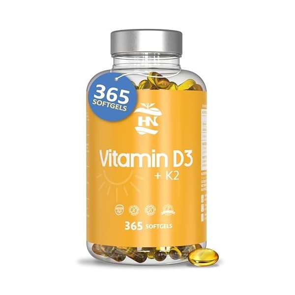 Vitamine D 5000 UI Vitamine D3 K2. 365 Capsules Vitamine D hautement concentrée Soutient les fonctions immunitaires et osseus