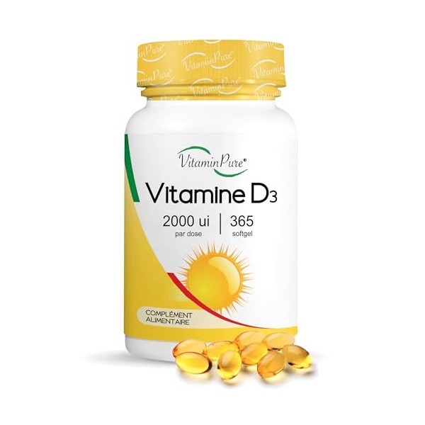 VitaminPure VITAMINE D3 2000UI Dosage élevé - 365 SoftGels de Vitamine D 2000 UI Cholécalciférol - Os, Dents, Muscles, Syst