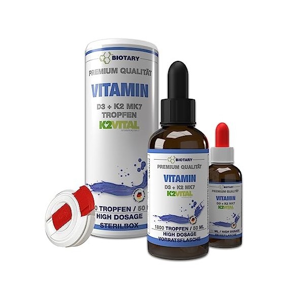 Vitamine D3 + K2 Gouttes 50 ml - K2VITAL® 99,7+% All-Trans + boîte stérile incluse + flacon de voyage - haute dose 1 000 UI