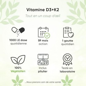 Vitamine D3 + K2 Gouttes 50 ml - K2VITAL® 99,7+% All-Trans + boîte stérile incluse + flacon de voyage - haute dose 1 000 UI