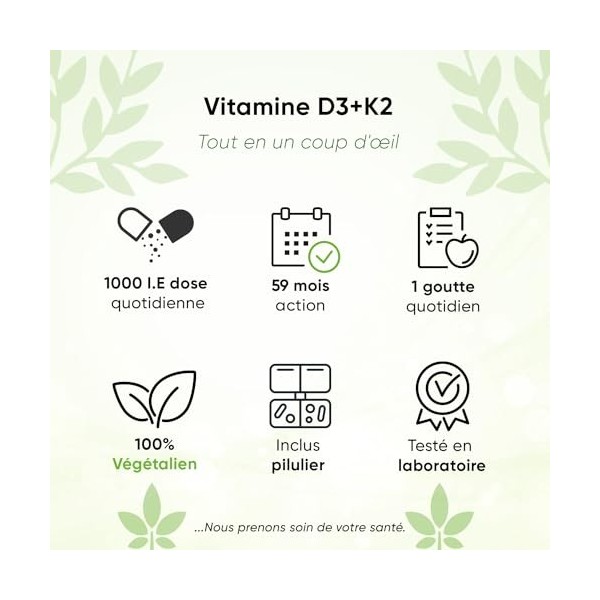 Vitamine D3 + K2 Gouttes 50 ml - K2VITAL® 99,7+% All-Trans + boîte stérile incluse + flacon de voyage - haute dose 1 000 UI