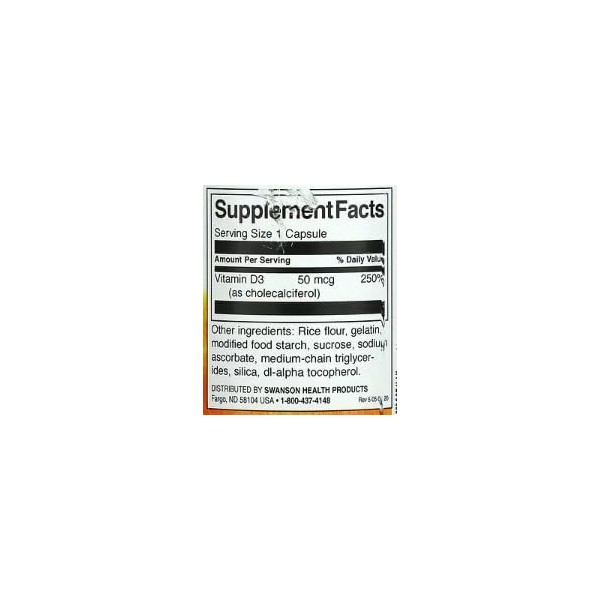 Swanson Vitamine D-3 2000 IU - 250 capsules | Renforcement des Os et du Système Immunitaire - Complément Alimentaire Essentie