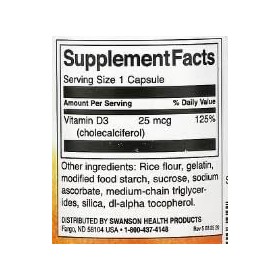 Swanson Vitamine D-3 1000 UI - 250 Capsules | Complément Haute Efficacité pour la Santé Osseuse et Immunitaire