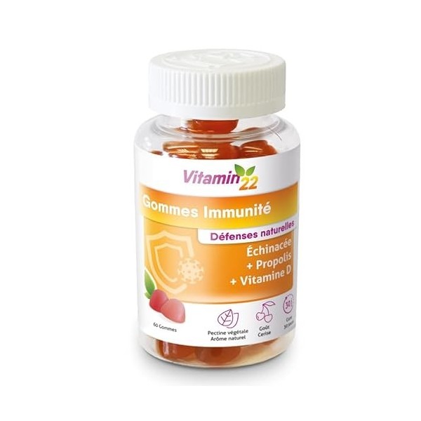 VITAMIN 22 Gommes Immunité | Gummies Vitamine Adulte | Complement alimentaire à base de Vitamine D, Propolis & Échinacée | I