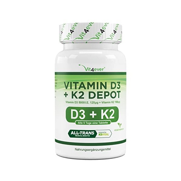 Vitamine D3 + K2 Depot - 180 comprimés - Matière première de première qualité : 99,7+% All-Trans K2VITAL® de Kappa - Avec 5