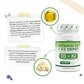 Vitamine D3 + K2 Depot - 180 comprimés - Matière première de première qualité : 99,7+% All-Trans K2VITAL® de Kappa - Avec 5