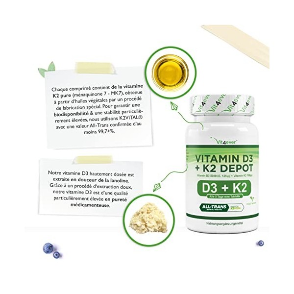 Vitamine D3 + K2 Depot - 180 comprimés - Matière première de première qualité : 99,7+% All-Trans K2VITAL® de Kappa - Avec 5