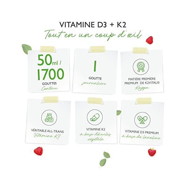 Vitamine D3 + K2 gouttes 50ml - Premium : 99,7+% All-Trans Original K2VITAL® de Kappa - Hautement dosé avec 1000 U.I. de vi