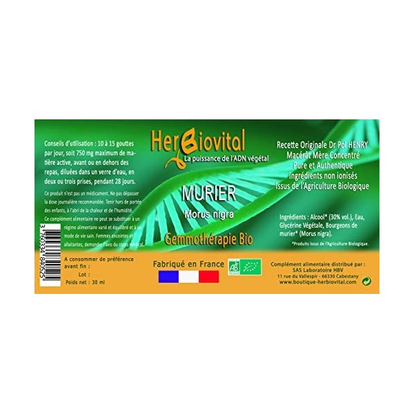 Herbiovital - Murier Bio - Le Macérât bruleur de graisses - Réduit l’absorption des sucres par le métabolisme - Fabriqué en F